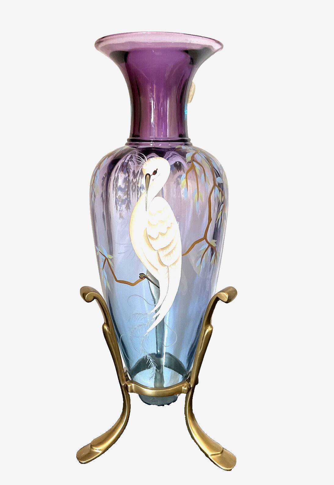 Fenton Art Glass Mulberry Blue Mystical Bird Amphora Vase 14.5 inches Signed