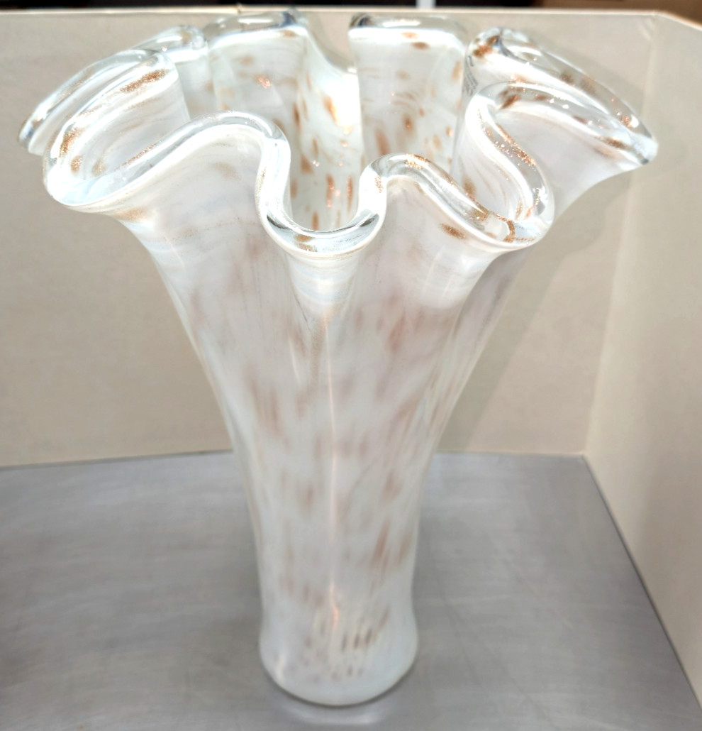 17” Large Murano Italy/Sticker Art Glass Swirled White Copper Handkerchief Vase