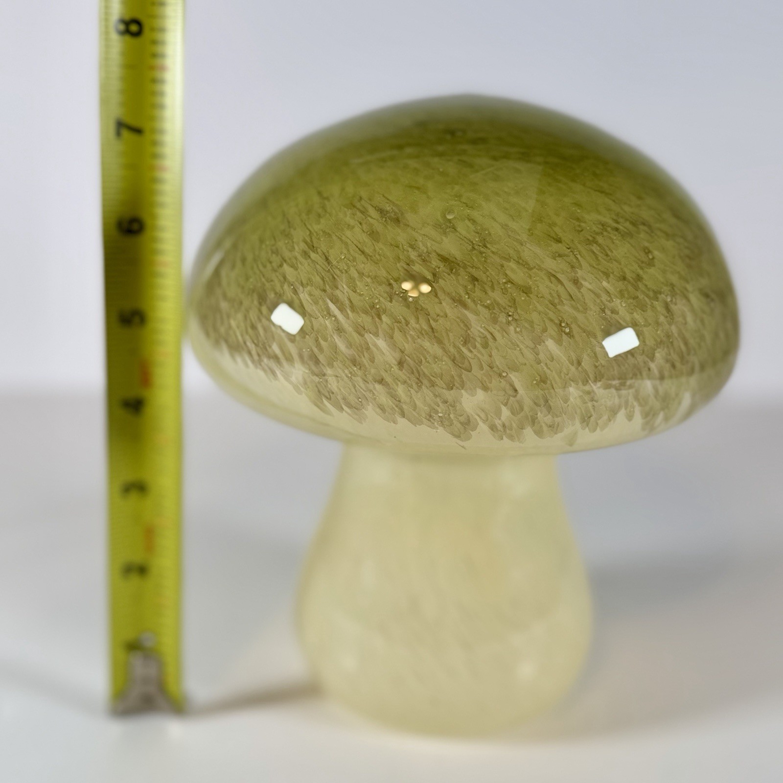 Large Blown Glass Hollow Mushroom Toadstool Green Yellow 7.5″ Tall