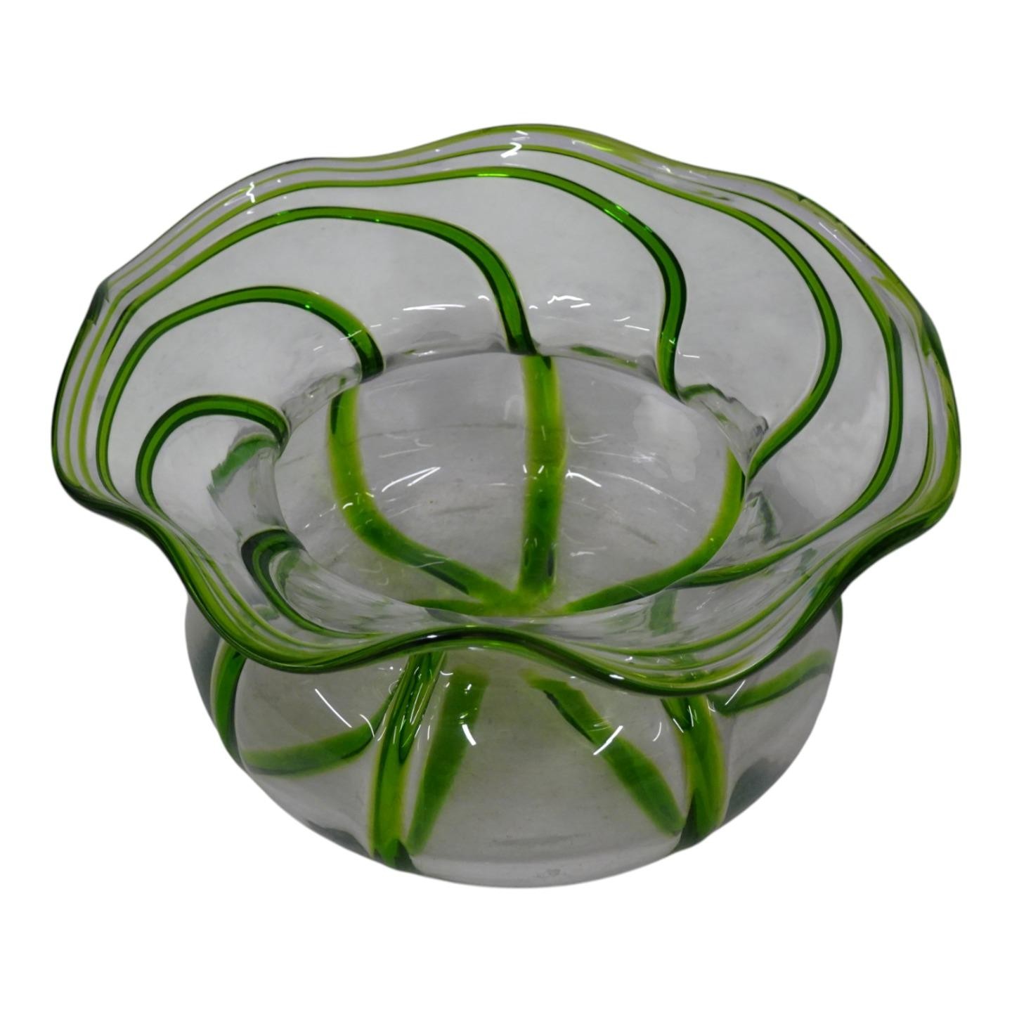 Stuart & Sons Stourbridge Hand Blown Green Trailed Art Bowl Glass Vase HT6