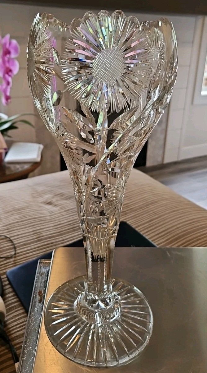 Rare Antique American Brilliant Intaglio Floral Cut Glass Large 14” Trumpet Vase