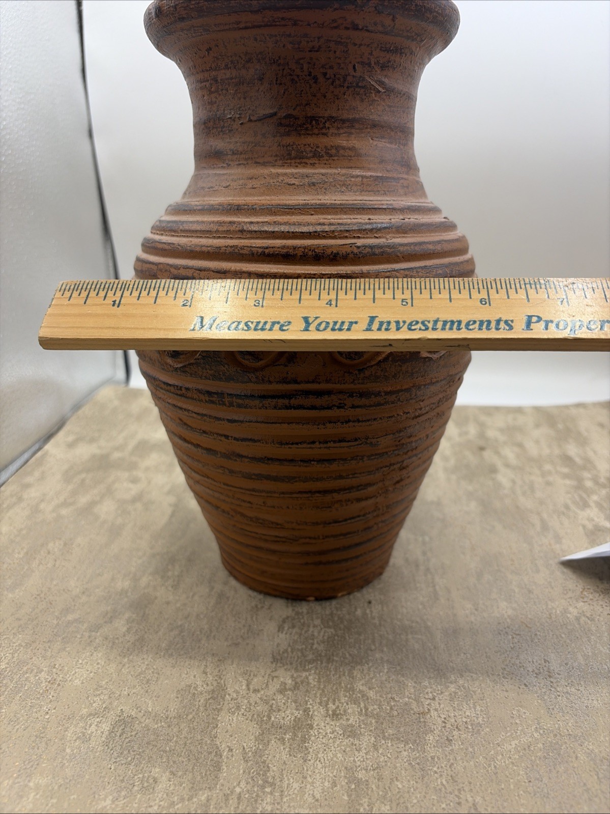 Vintage Hand Thrown Clay Vase With Wave Patterns And Rustic Brown Finish