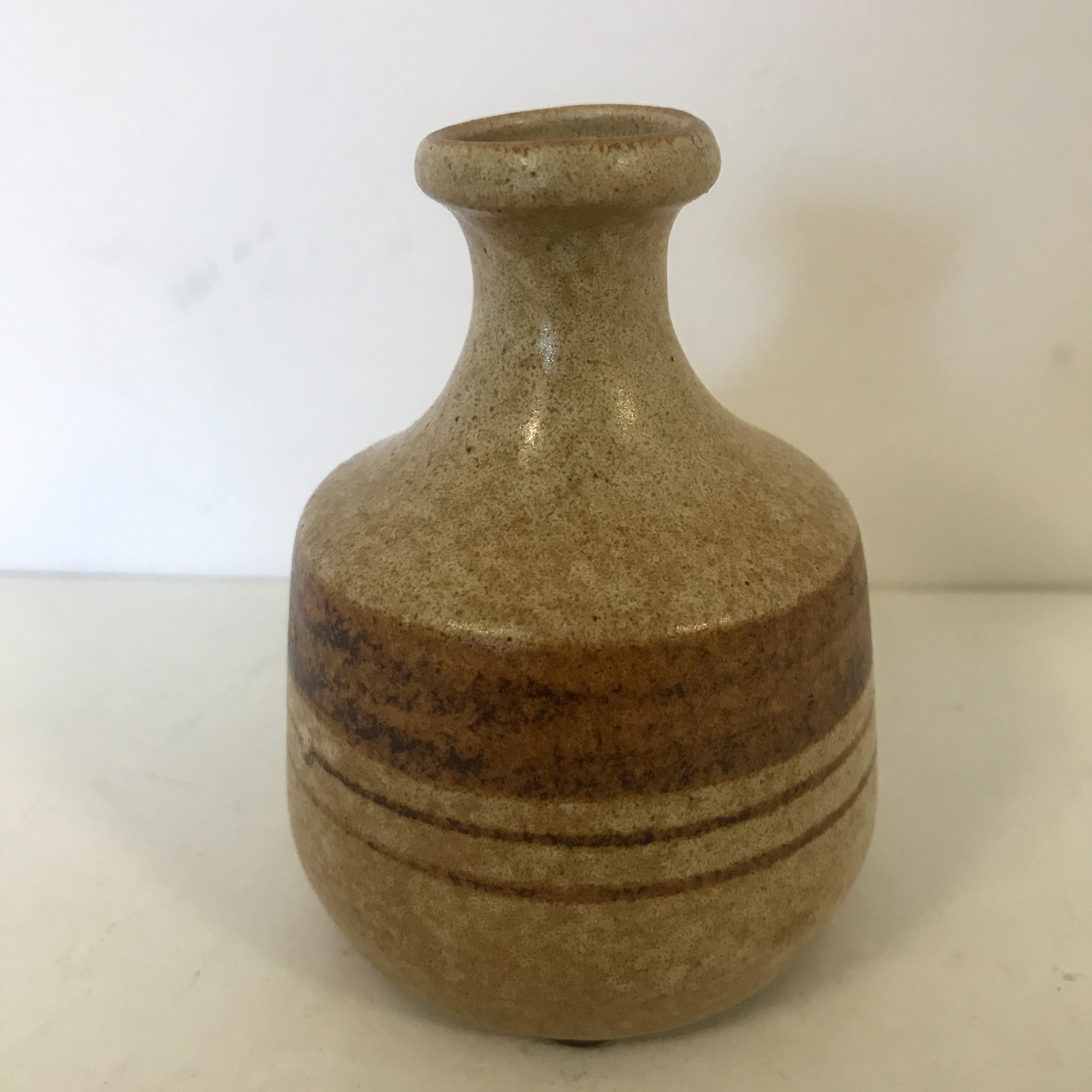 Small Brown Tan Pottery Bud Vase 4.5″ Tall Stripes Mid Century Rubber on Bottom