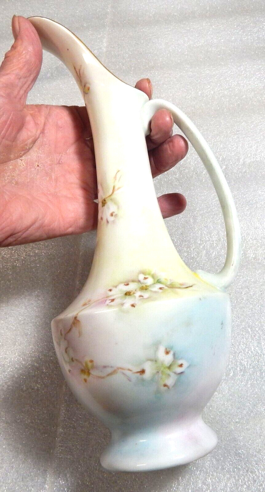 Vintage Pitcher Vase Japan/Europe Porcelain Hand Painted Blossoms Signed 10 3/4″