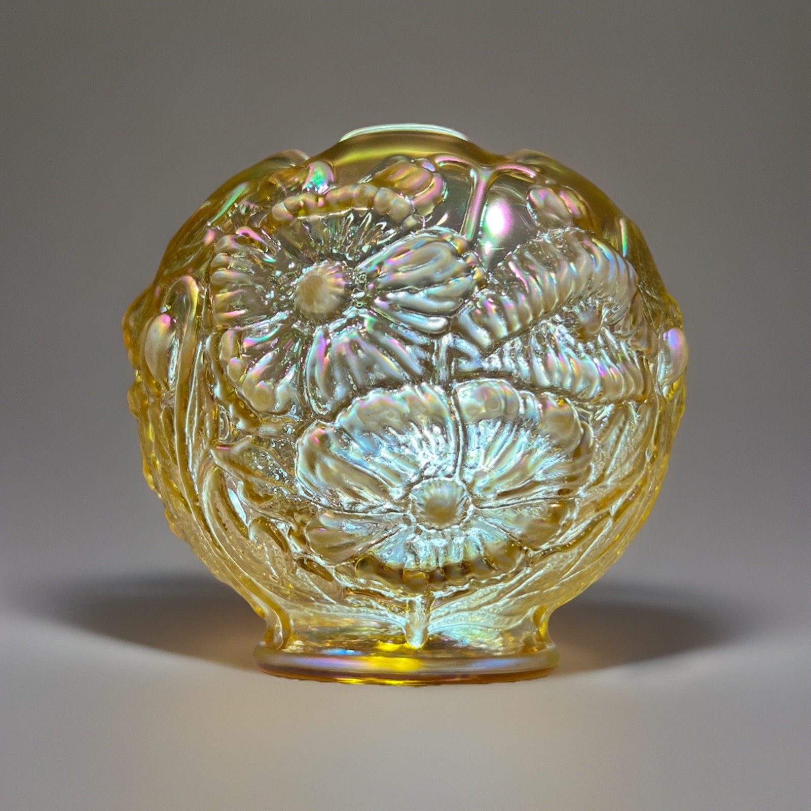 Rare Vtg 90’s Fenton Gold Iridescent Poppy Carnival Glass Crimped Rose Bowl Mint