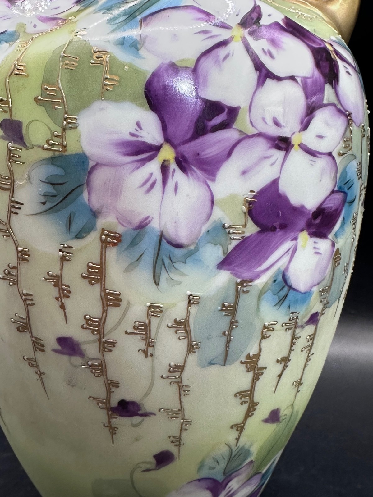 Antique Nippon Porcelain Amphora Vase Purple Violets Gold Moriage Art Nouveau