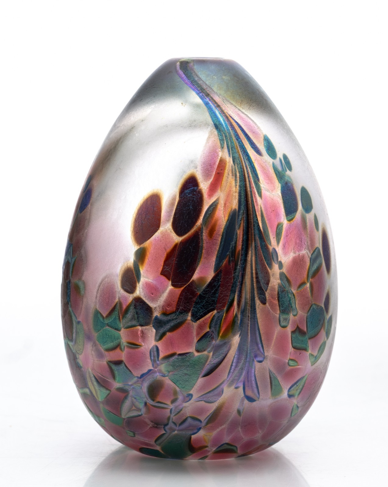 Brian Maytum Studio 1991 Peacock Iridescent Aurene Egg Shaped Vase Oil Lamp 5×3″