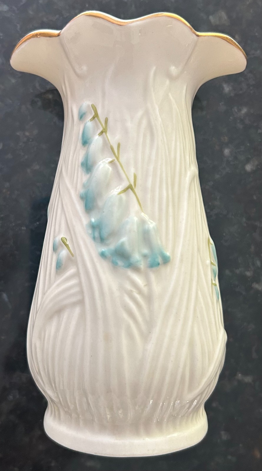 Vintage Belleek Harebell Vase Bluebell Flowers Green Mark Ireland 1965-1980 mark