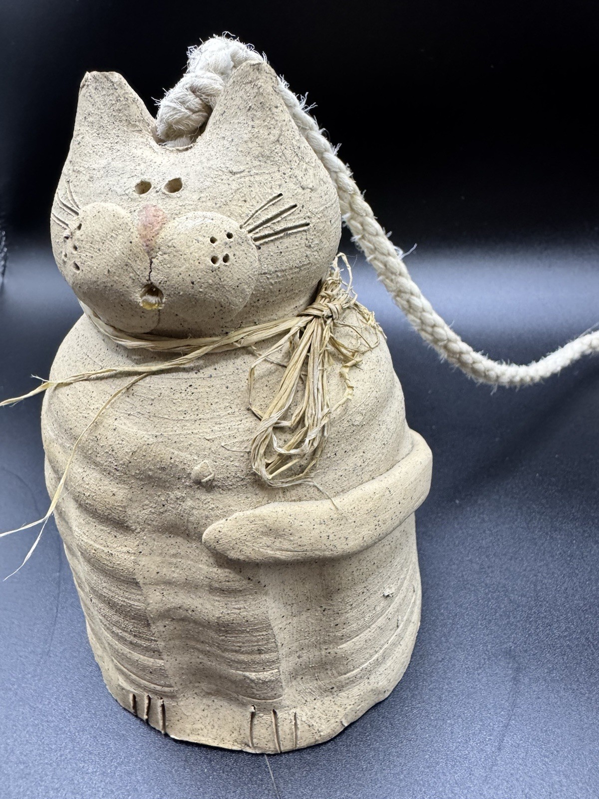 Handmade Pottery Cat Bell Ornament Signed Chari Rustic Clay Folk Art 6” Tall