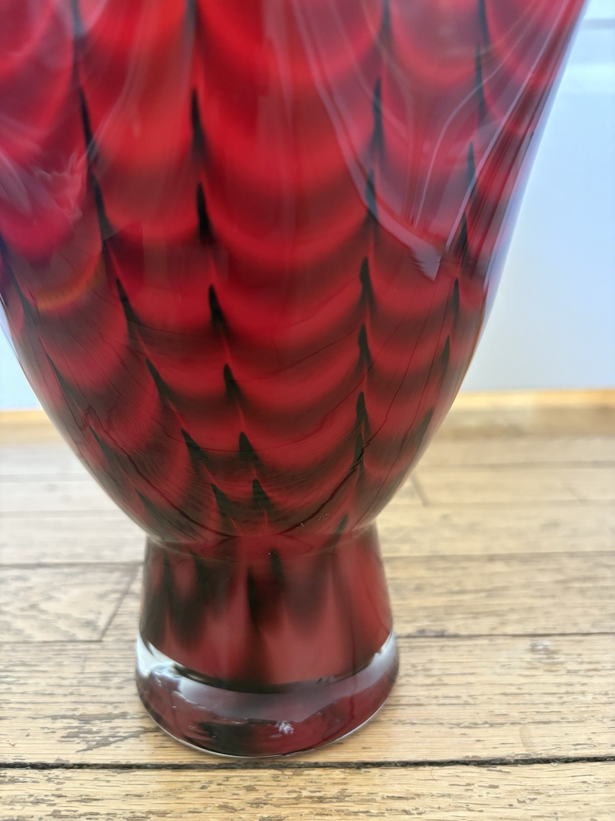 Vintage Handkerchief Wave Vase Murano-Style, Red & Black, Hand Blown Glass 12in