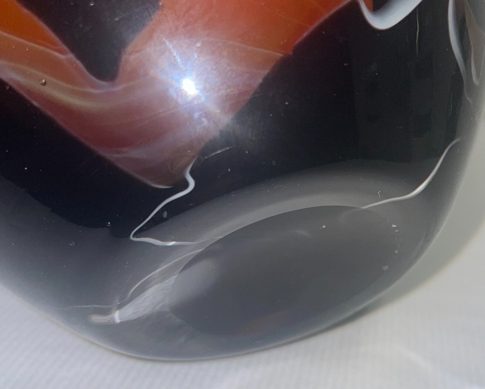 Hand Crafted Art Glass Bowl Vase Yellow Orange Black Brown & White 7 1/2 Inches