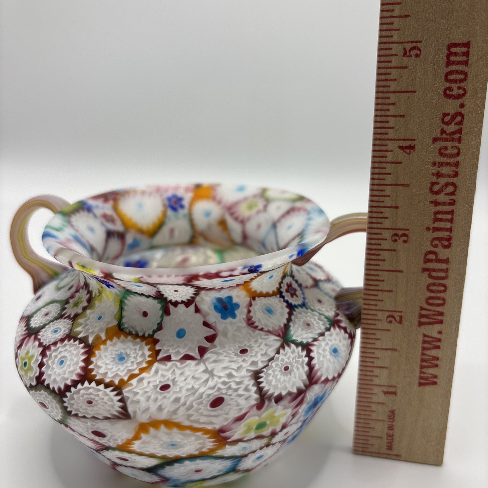 Vintage Murano Millefiori Art Glass Double Handled Vase Fratelli Toso Style 4”