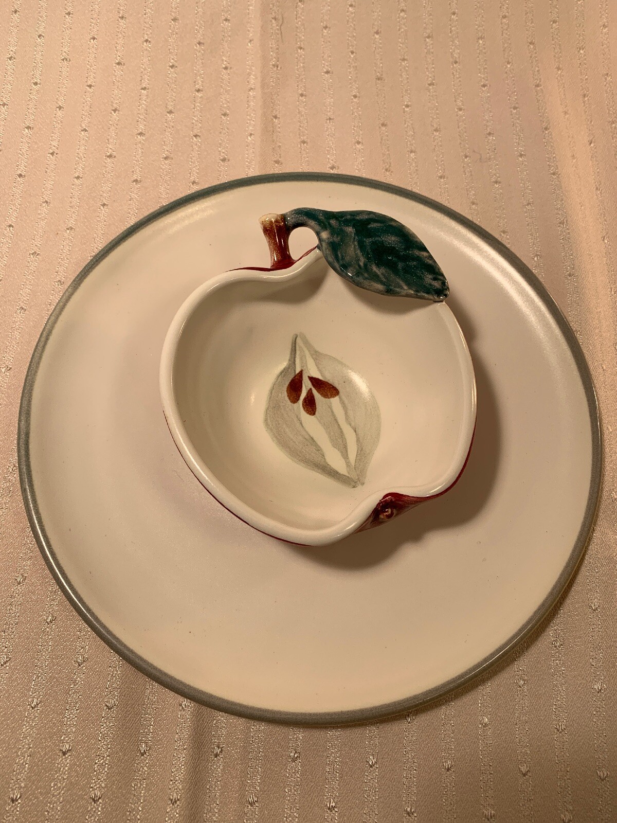 Clayworks Pottery Apple Fruit Dip Platter 8 1/2” Hand Painted One Piece Fixed !
