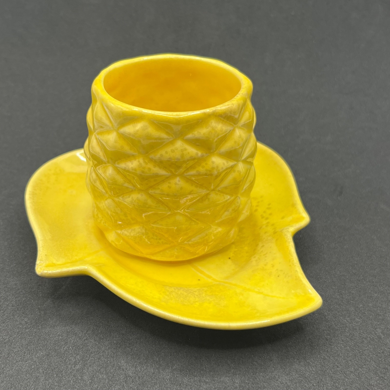 Redwing Art Pottery Yellow Pineapple Fruit Dish Vintage 1940s Leaf Serving Tray