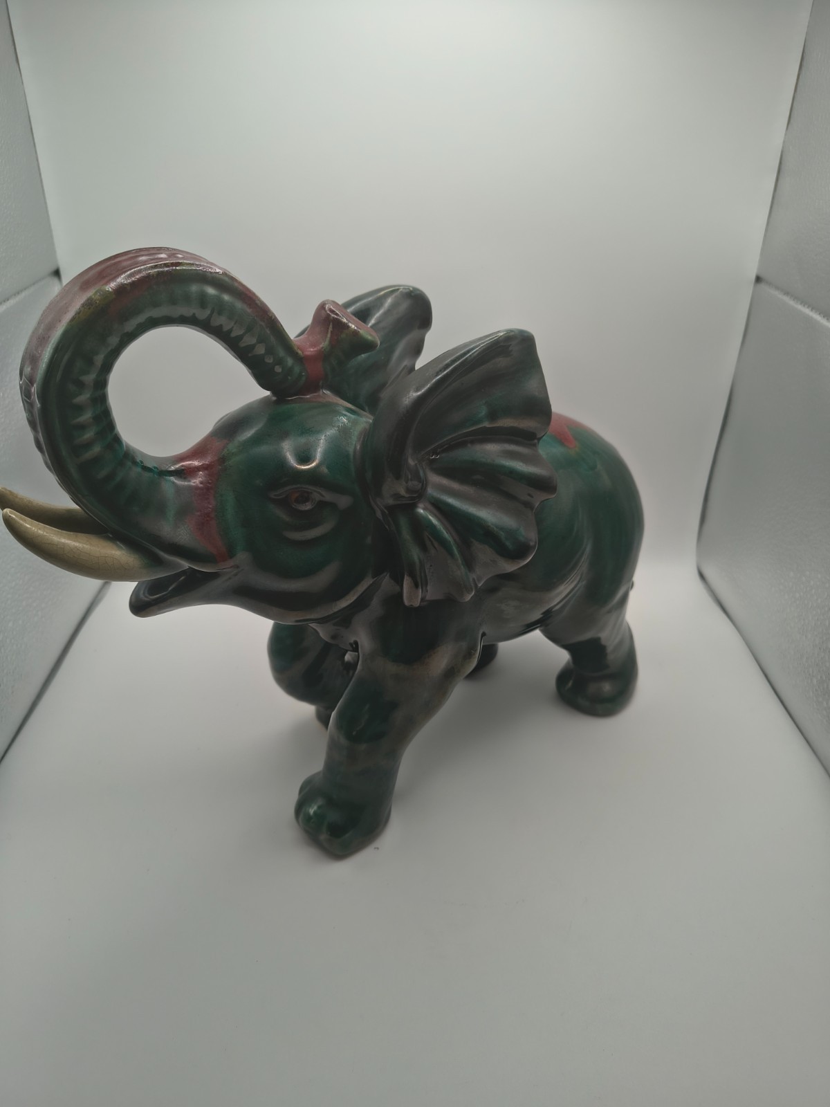 Vtg Elephant Pottery/Ceramic Green Red Glaze 10 inches tall by 11 inches wide