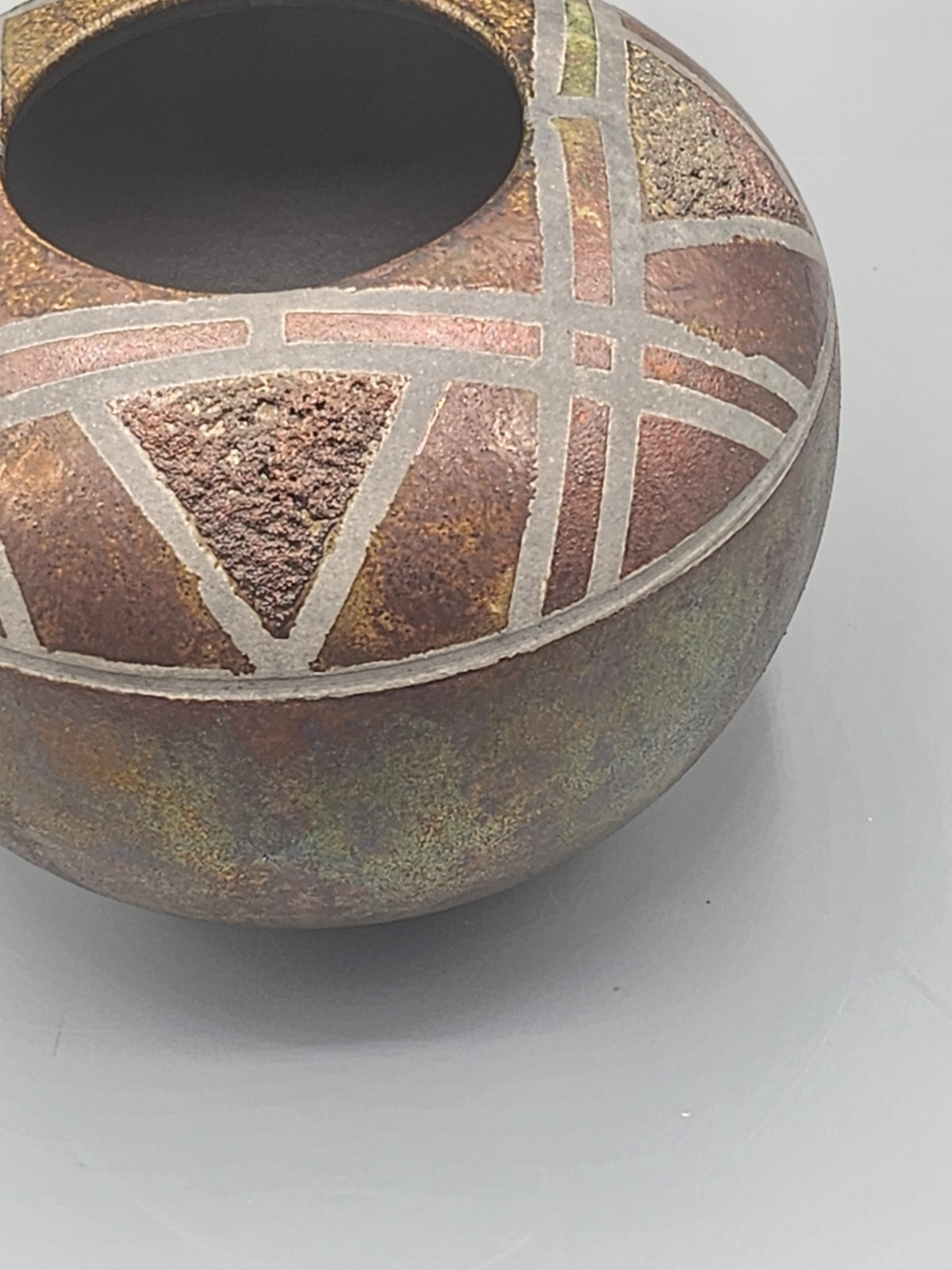 Raku Art Pottery Vase Iridescent Hues Hand Thrown, Signed Geometry