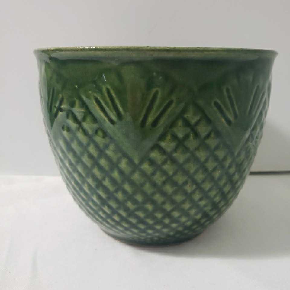 RRP Roseville Ohio Green Pineapple Quilt Jardiniere Planter 6in Vintage Plant