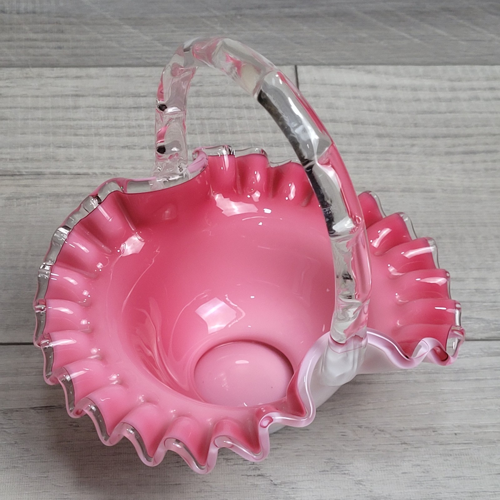 Vintage Fenton Peach Crest Glass Basket Pink White Milk Glass Ruffled Edge 1940s