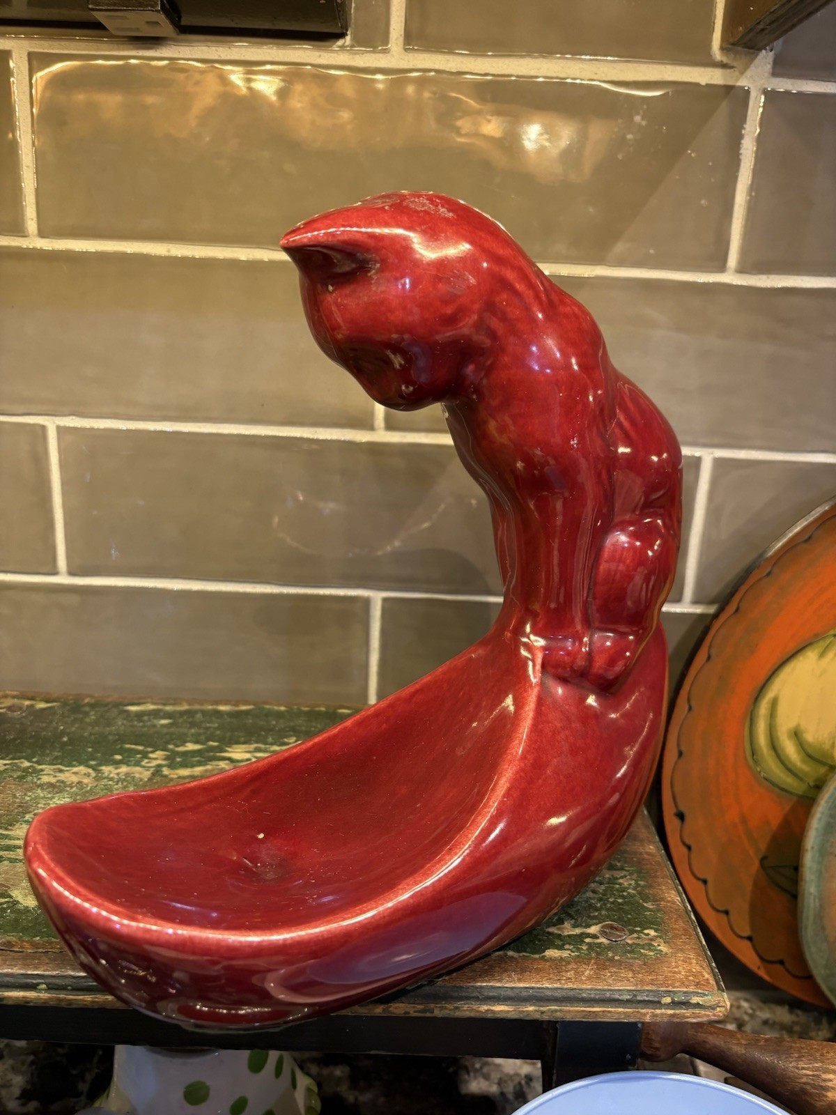 Vtg Camark/royal Haeger Cat Fish Bowl Holder Stand Red Glazed Cat Figurine