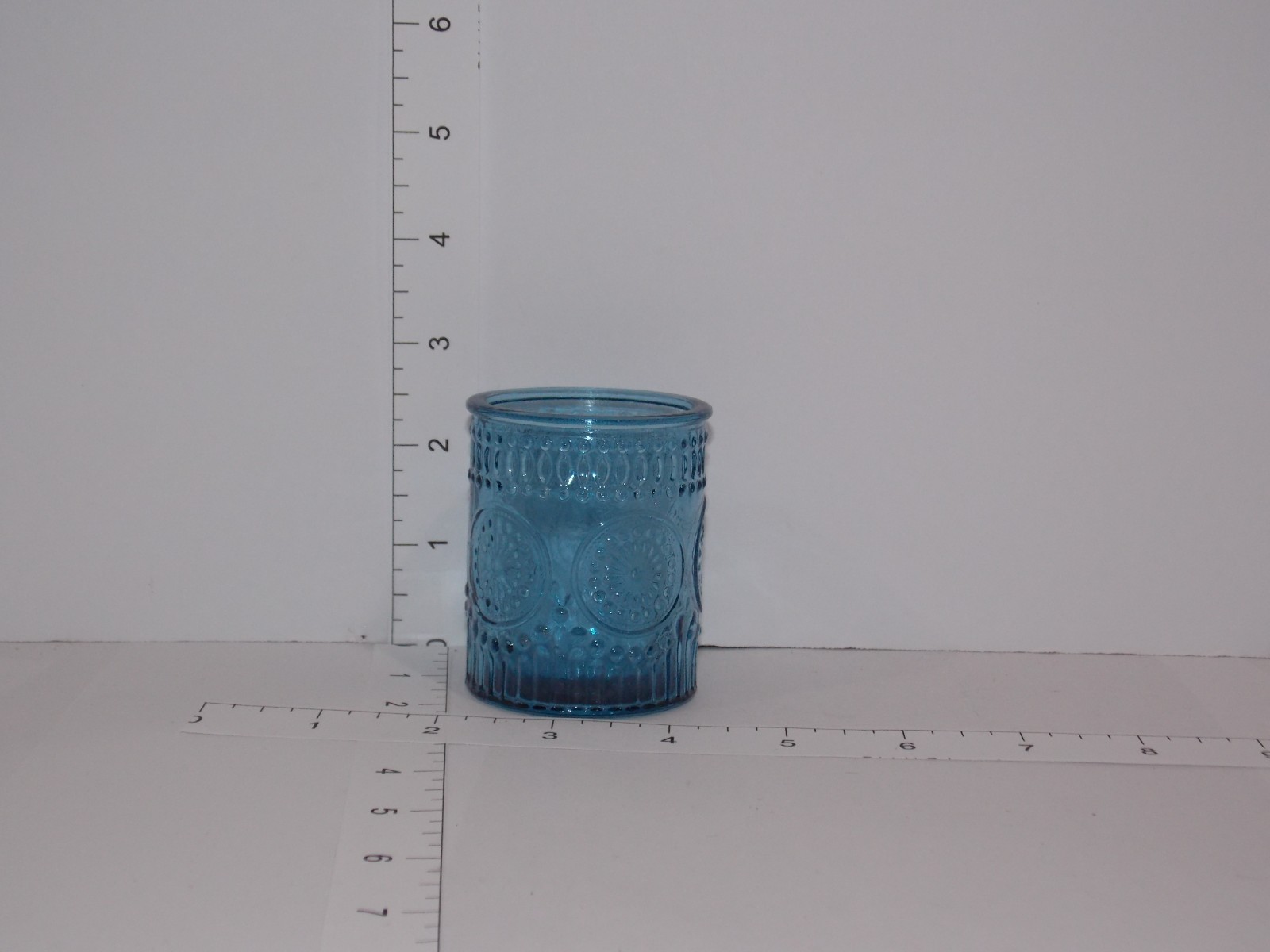 Blue Pressed Glass Votive Holder Tumbler Patterned Vintage Style NEW