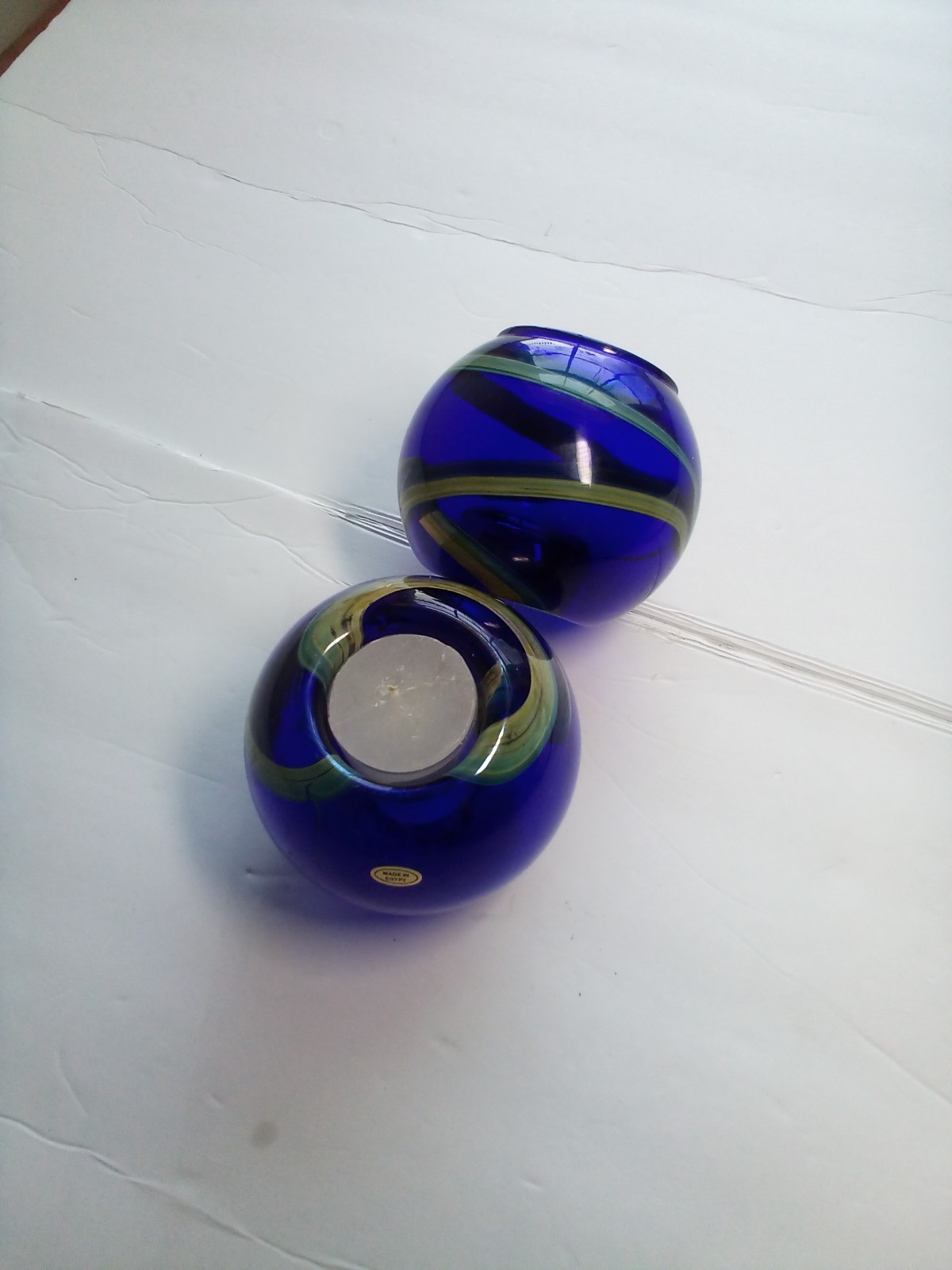 Pair blue cobalt Tea Candle art glass votive/vase made in Egypt