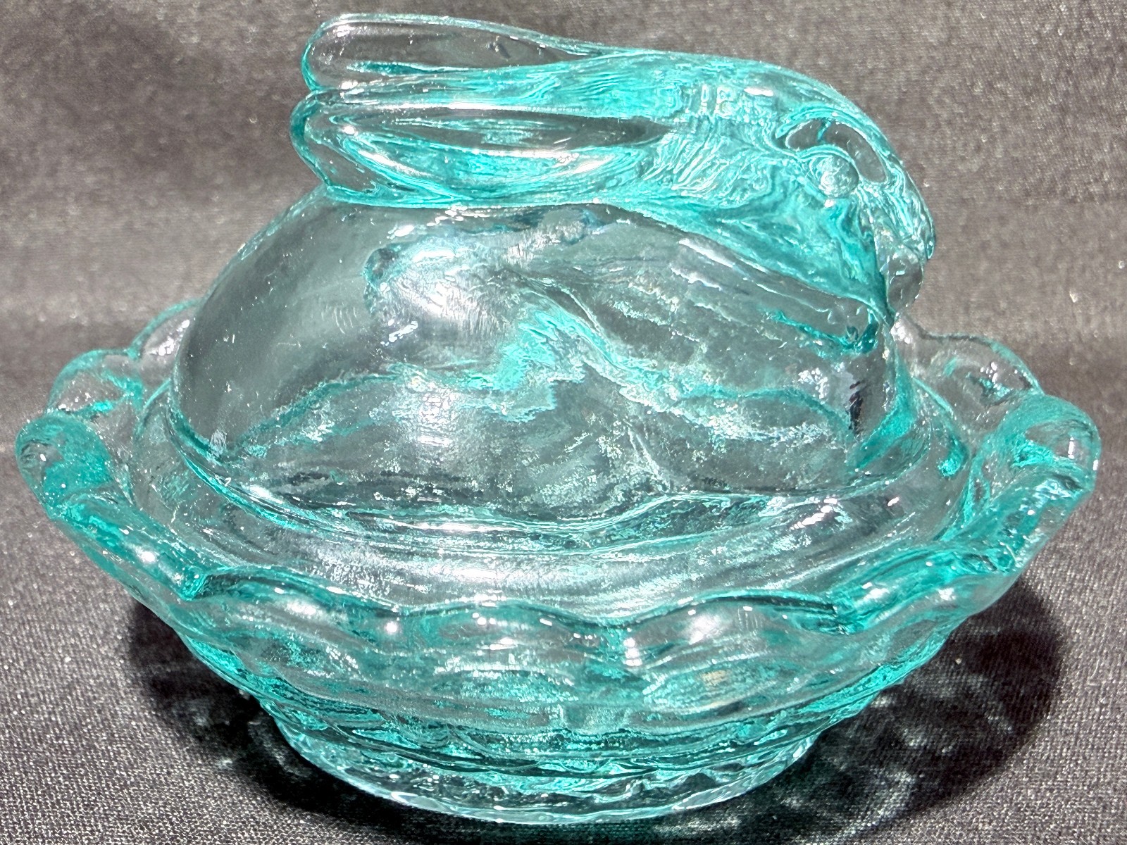 green Vaseline Uranium glass Bunny rabbit on nest basket Easter eggs salt cellar
