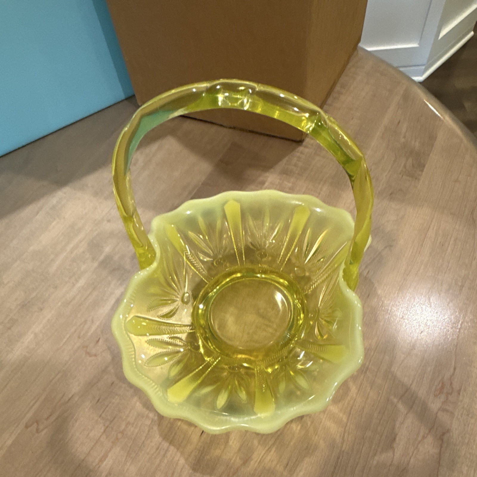 Unmarked Yellow Glass Decorative Basket w/ Handle, Scalloped Rim