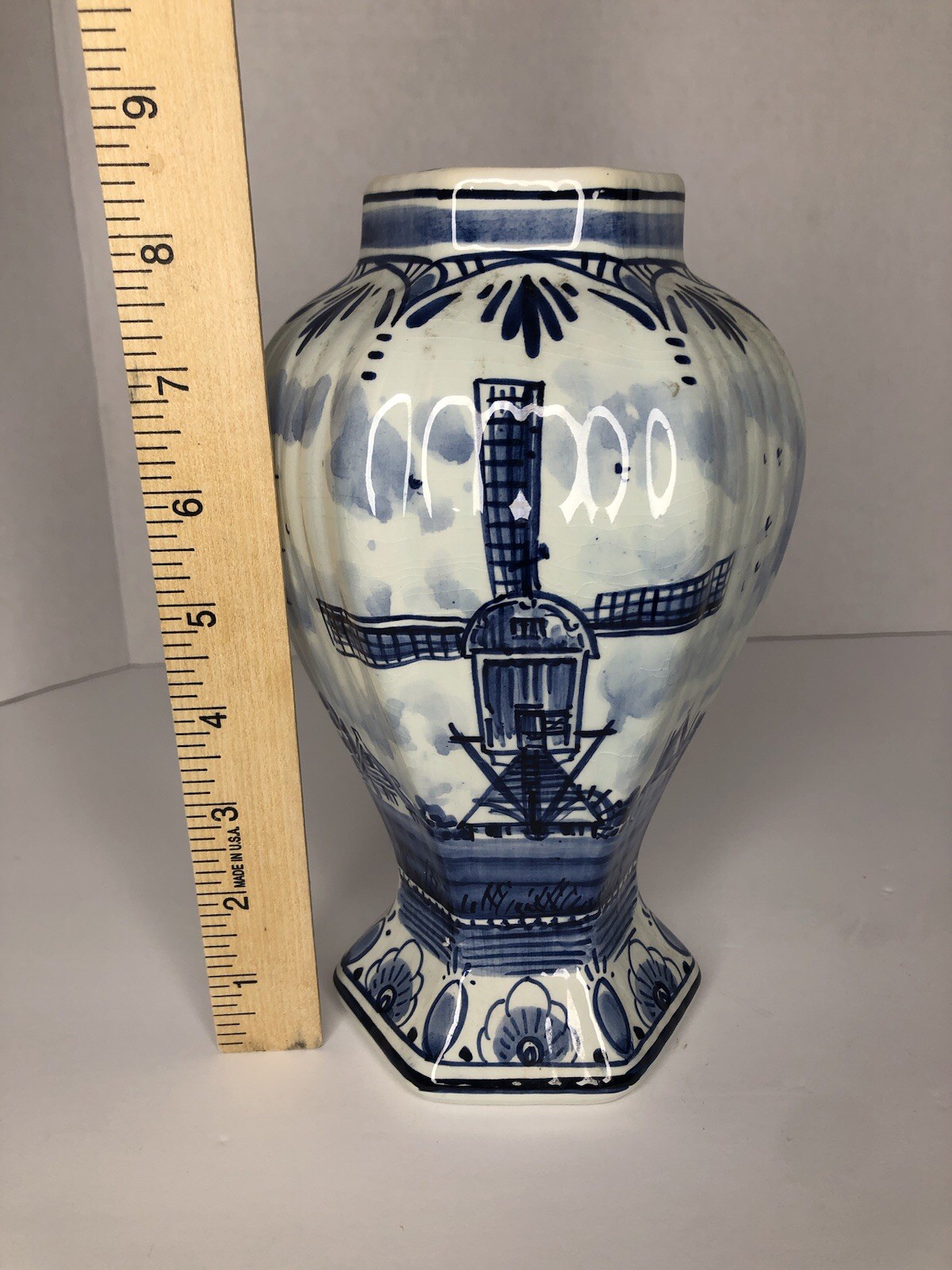 VTG Royal Delft Porcelain Vase Windmill Hand Painted Holland 9” H-1960