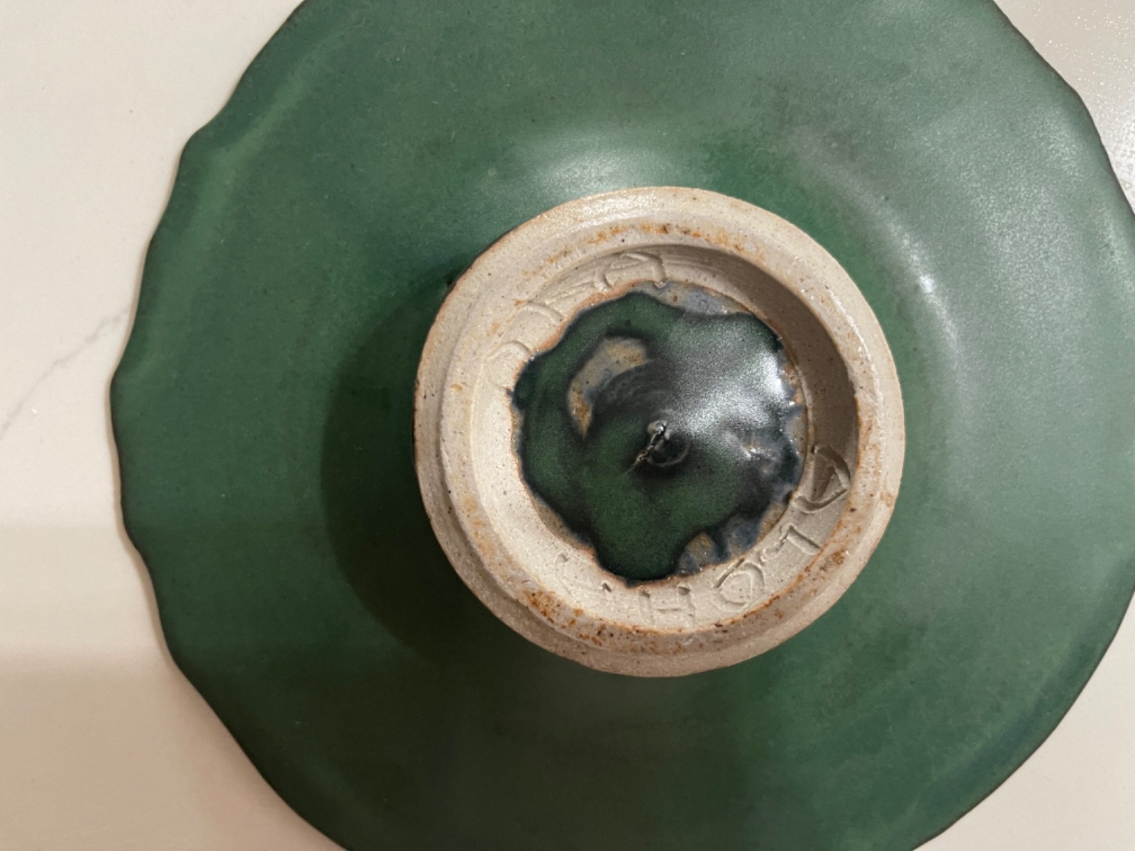 MCM Studio Art Matte Green Ceramic Pedestal Ikebana Bowl | Signed Aloha | 8″D