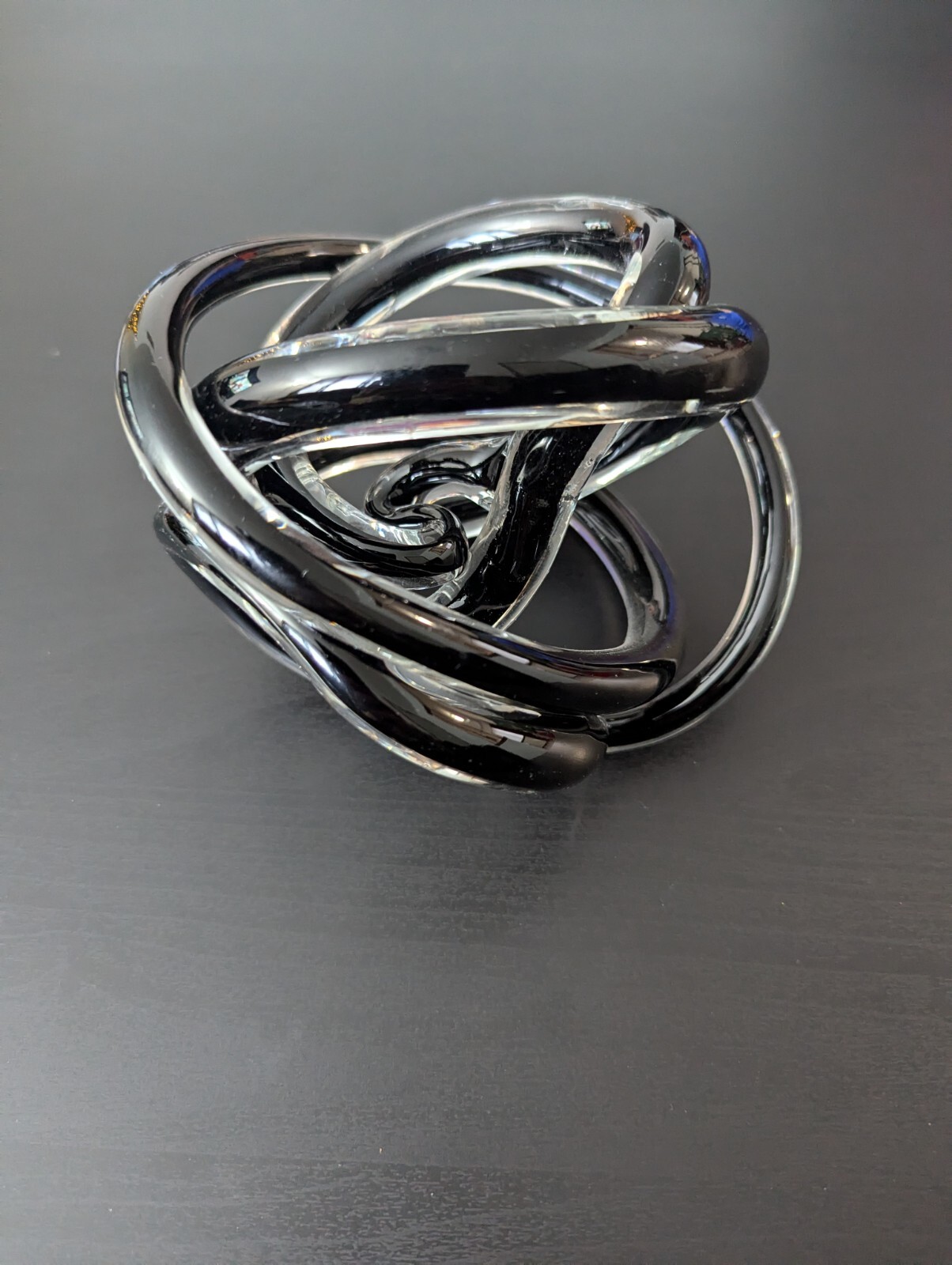 Hand Blown Art Glass Black Twisted Rope Knot Ribbed Paperweight Sculpture