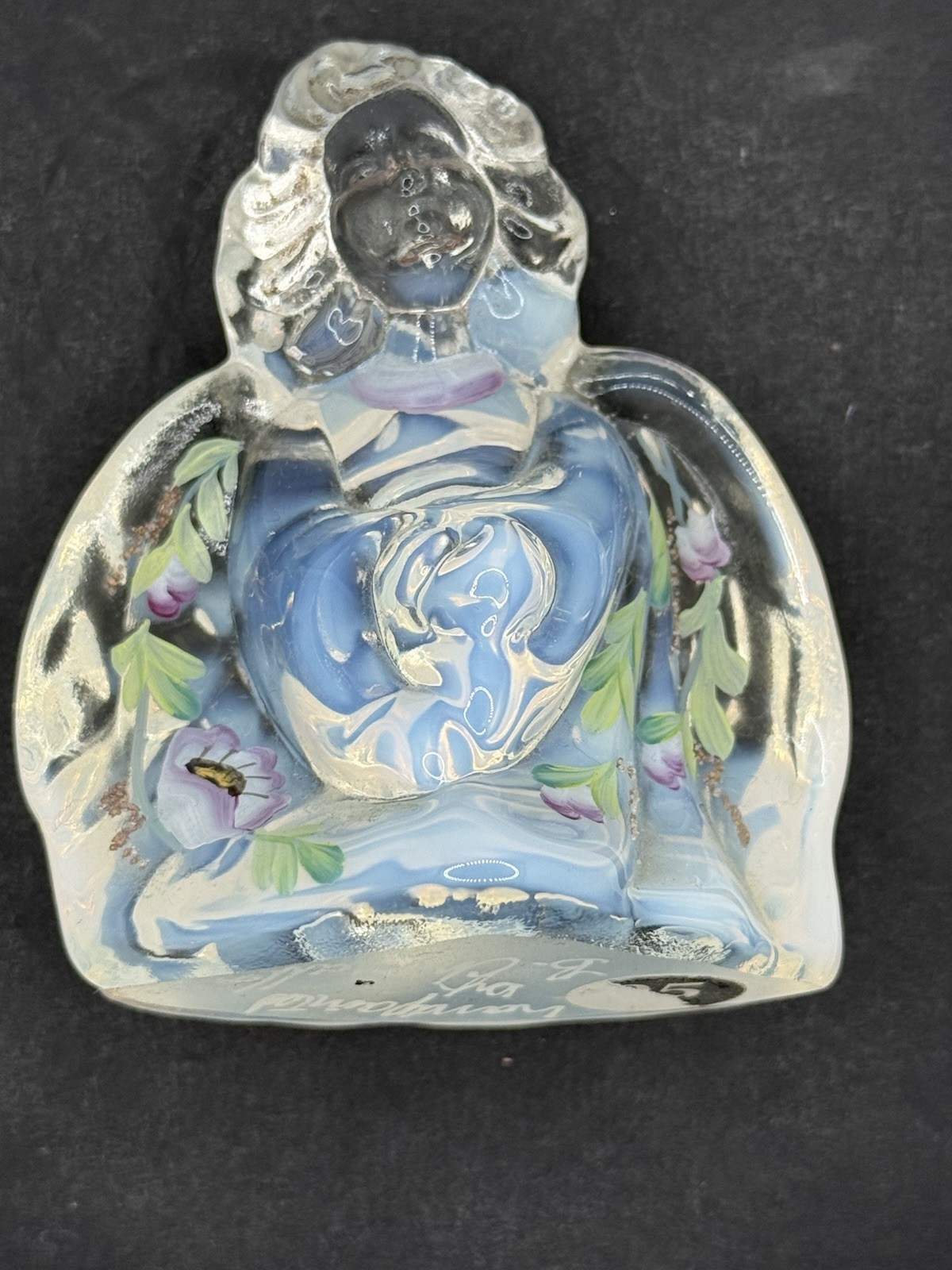 Fenton Art Glass Angel Figurine Hand painted Floral Opalescent White Clear 4”
