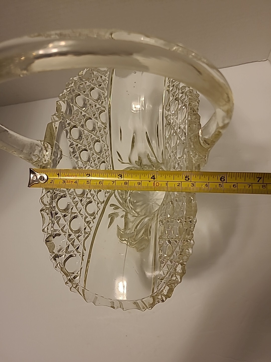 Vintage Lead Crystal Cut Glass Basket Vase w Handle 12″ H x 10″ L x 5″ W