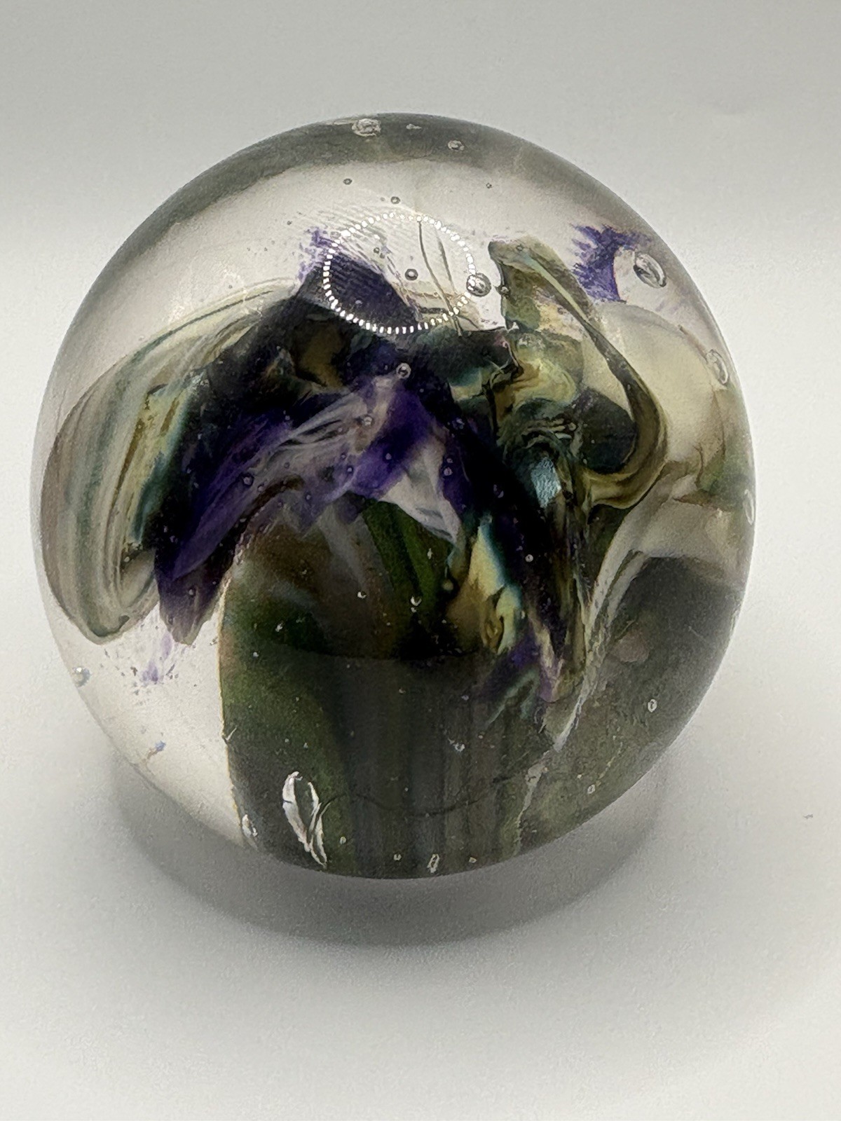 Signed Studio Art Glass Iris Paperweight Floral Sphere Dated 2018 Fireworks