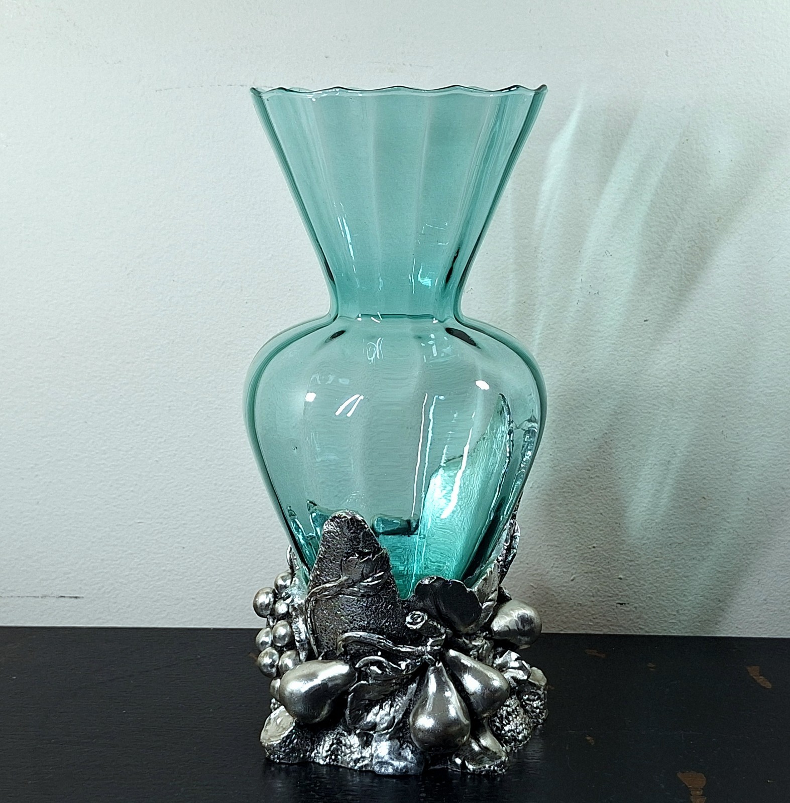 Large Signed MURANO Vase Teal Blown Glass w Sterling Silver Finished Base- Italy