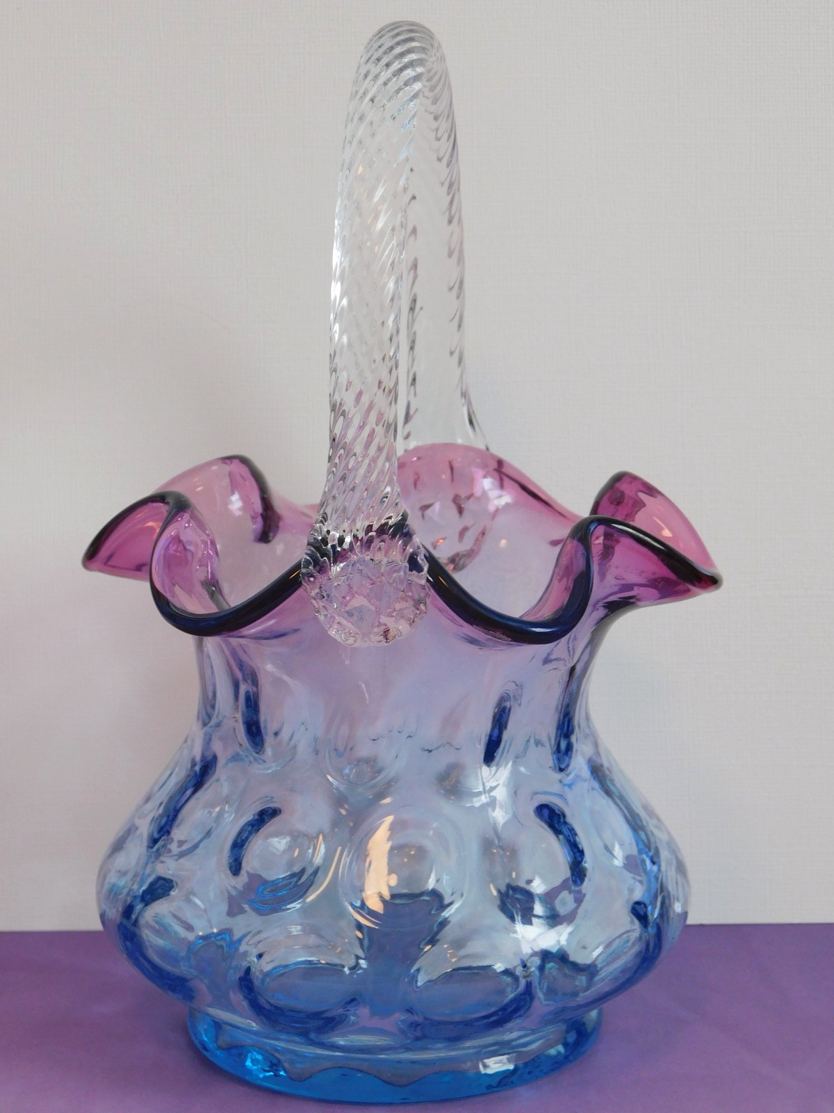 Fenton Mulberry Brides Basket-Purple/Blue Coin Dot-Twisted Handle