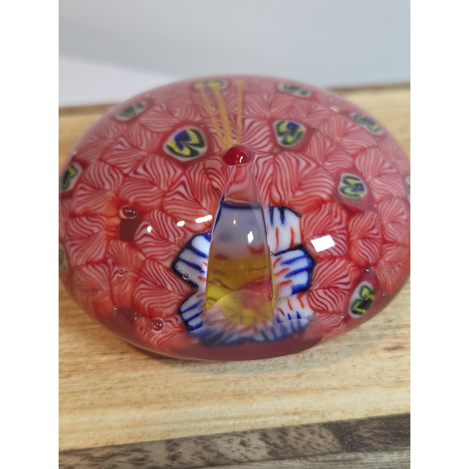Vintage Red Millefiori Style Art Glass Peacock Paperweight