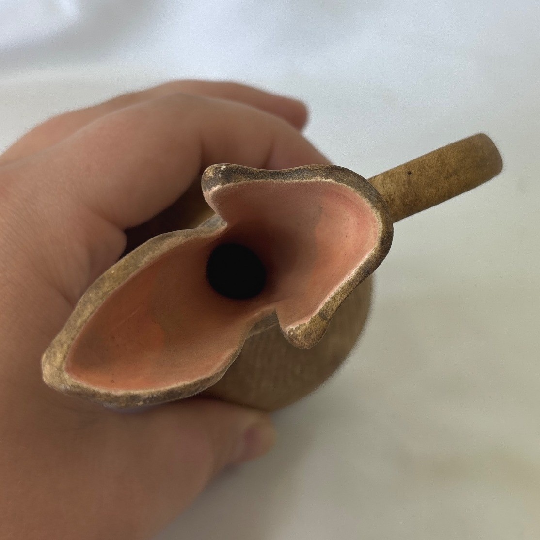 Vintage Studio Pottery Pitcher Tree Bark Texture Brown Pink Glaze Bud Vase