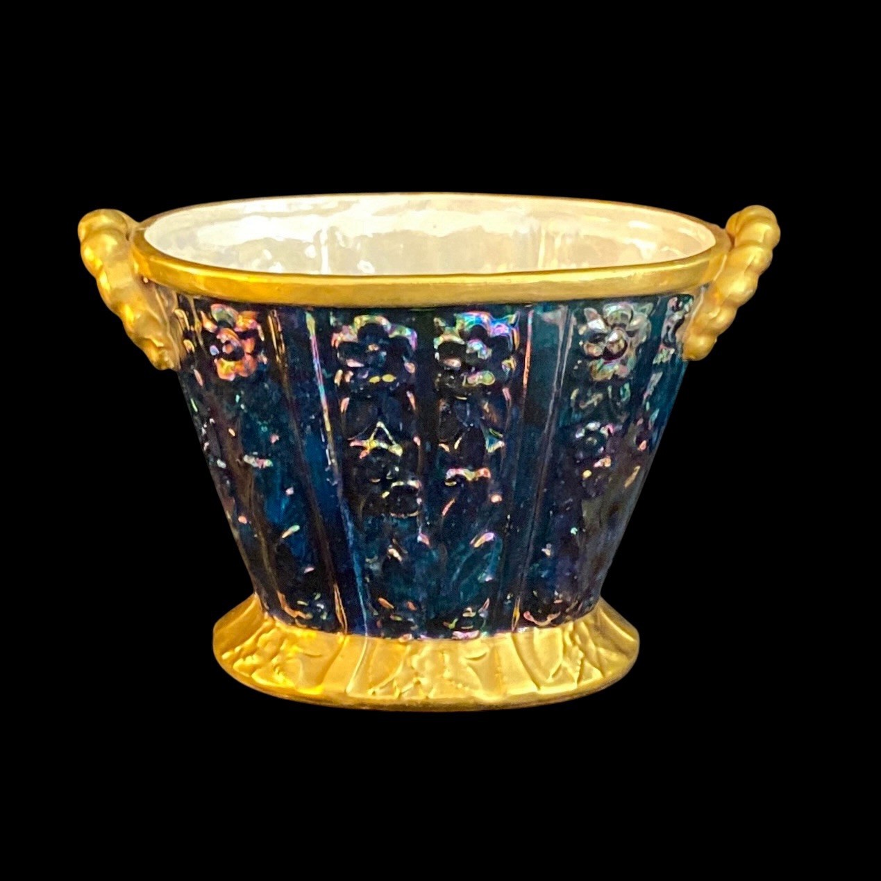 VTG Art Deco Blue Lusterware Porcelain Footed Jardiniere Gilt Mantle Vase 1937