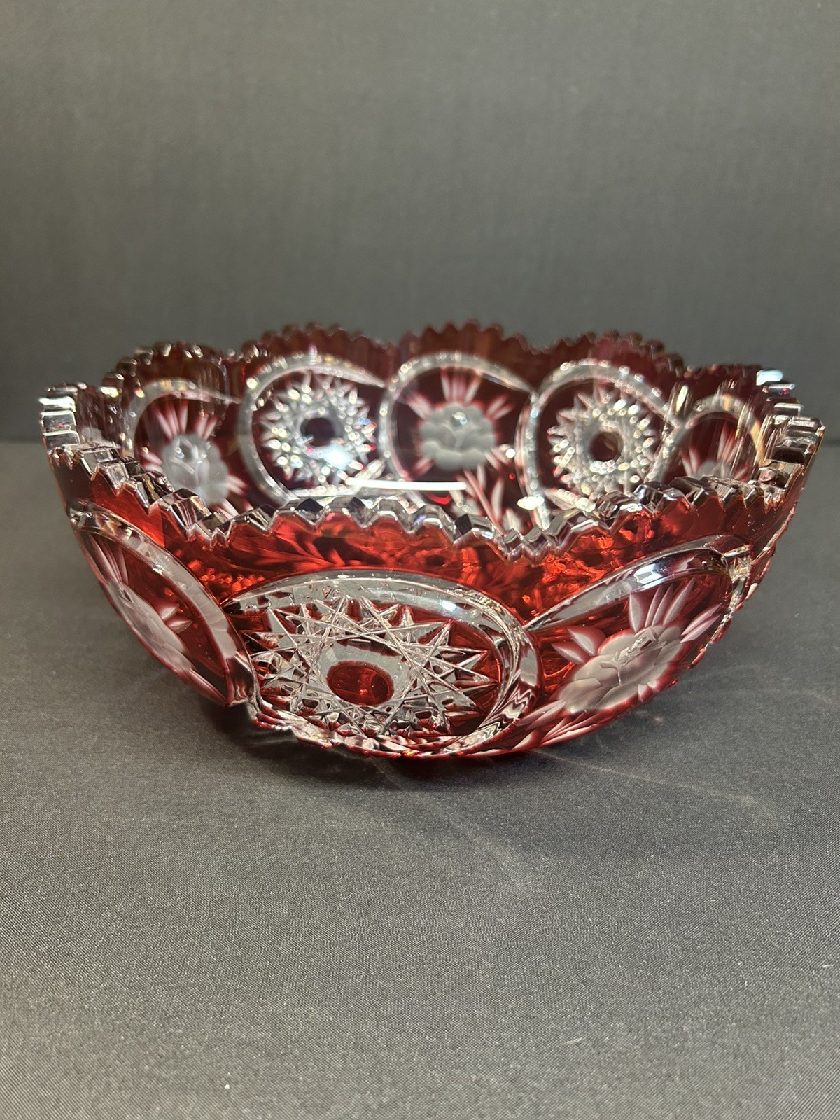 Vtg Lausitzer Bohemian Crystal Cranberry Red Cut-to-Clear Glass Bowl center pc