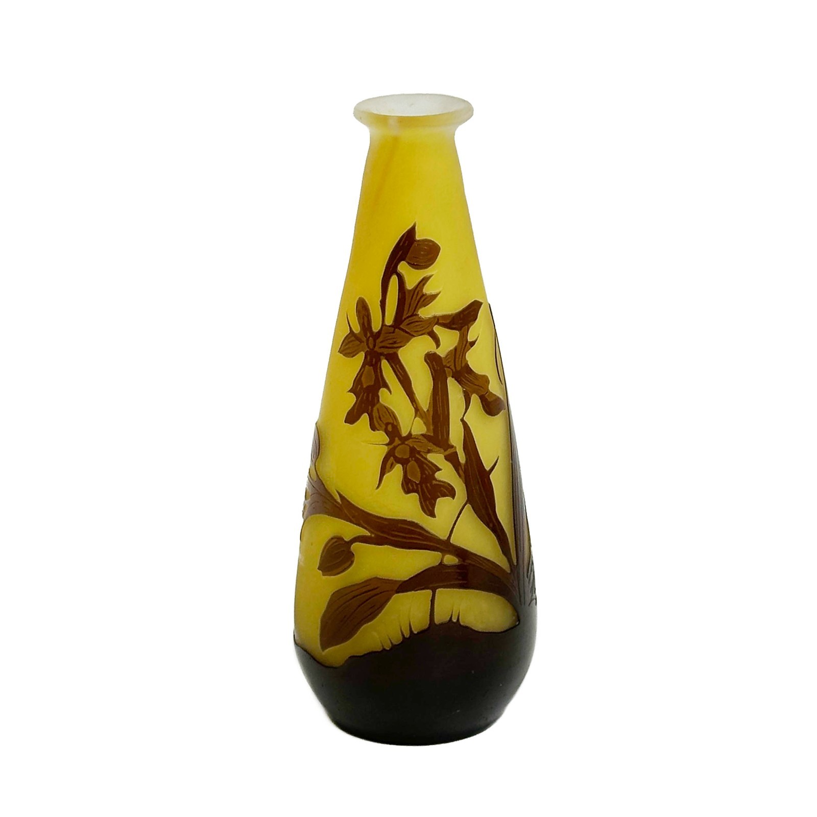 Emile Galle Acid Etched Cameo Art Glass 5.8in Vase Yellow Brown Orchids c1900