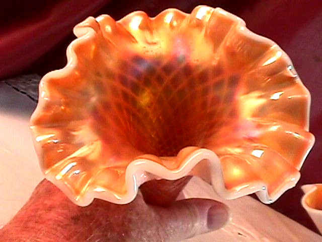 “FISHNET” SINGLE LILY EPERGNE PEACH OPALESCENT CARNIVAL GLASS BY DUGAN GLASS CO.