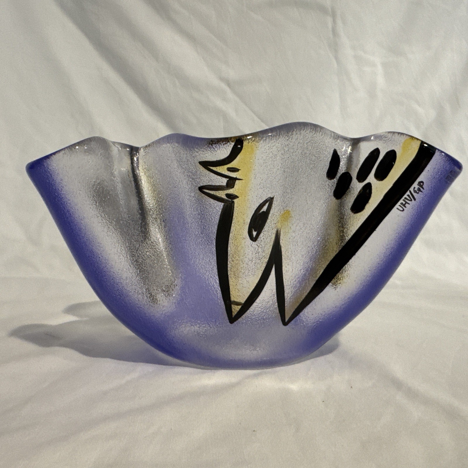 Kosta Boda Ulrica Hydman Vallien Blue Yellow Dog Puppy Vase 1990s Signed