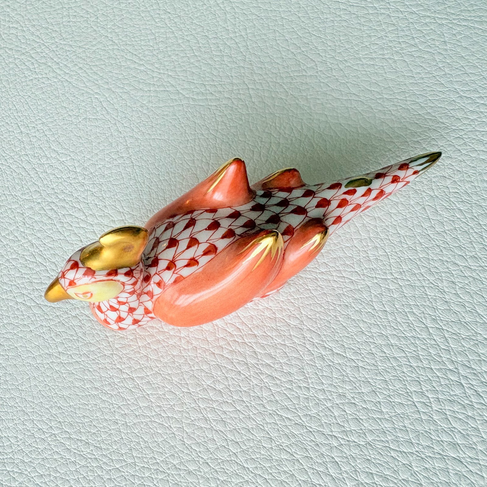 Herend Fishnet Figurine Lot of 4 Cat Bird Dragon Koi Fish Panther Gold w Stand
