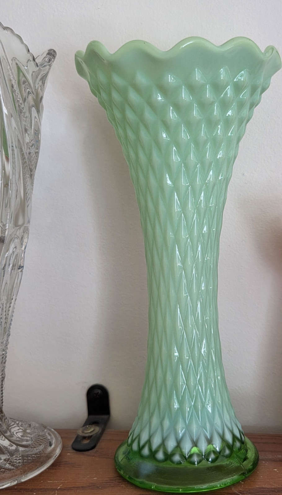 Vintage Northwood Diamond Point Green Opalescent Swung Vase 11 3/4″