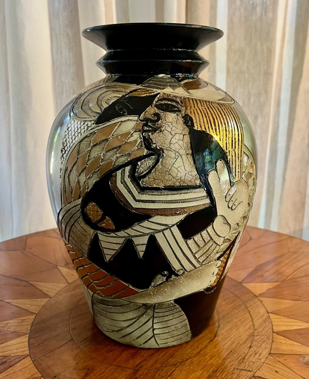 RARE! Kalifano Vase, Picasso Faces with Hands Holding Gold, Sgraffito Mosaic.