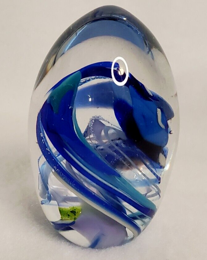 Vintage Signed Blown Glass Paperweight Cobalt Blue Swirl