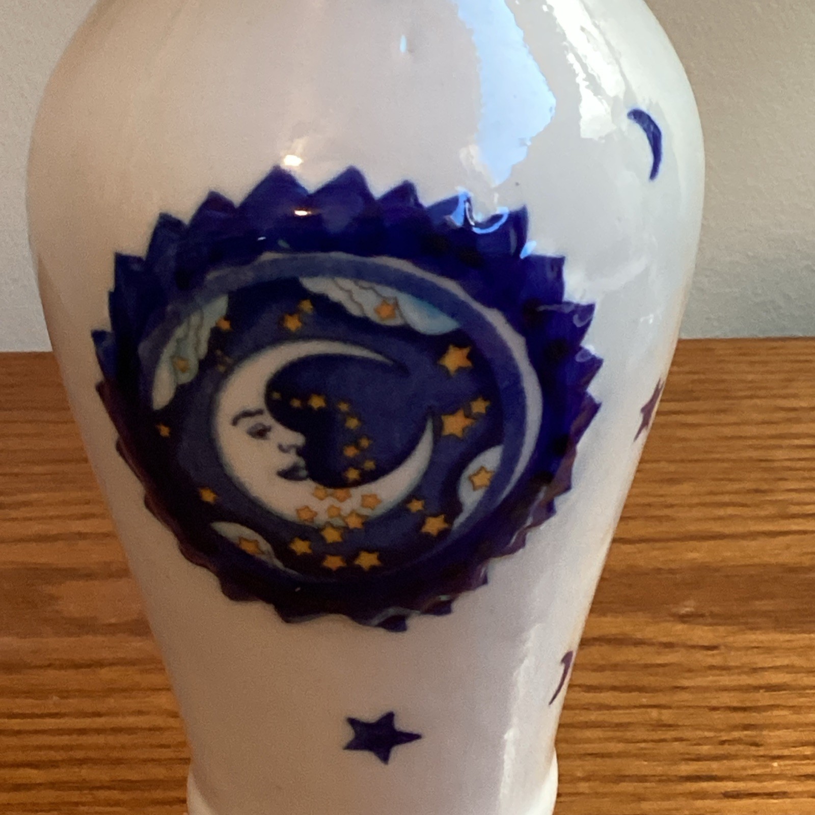 Moon Face Celestial Rare Unique Ceramic Vase Whimsy Abstract Art Stars 8” Tall