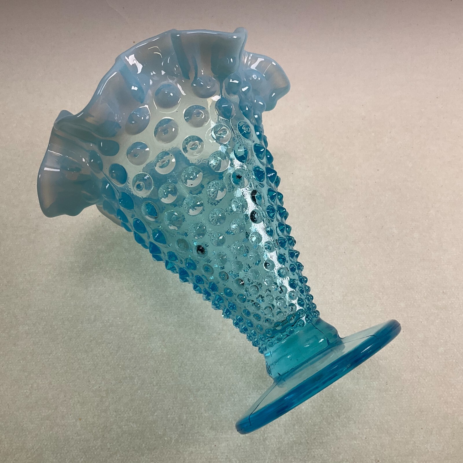 Fenton Hobnail Blue Opalescent Trumpet Vase 6″ Aqua Vintage