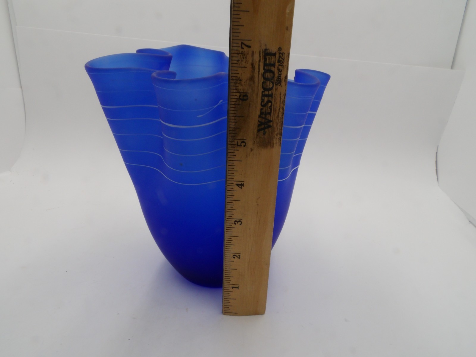 Handblown Glass Handkerchief Vase Blue with White Stripes