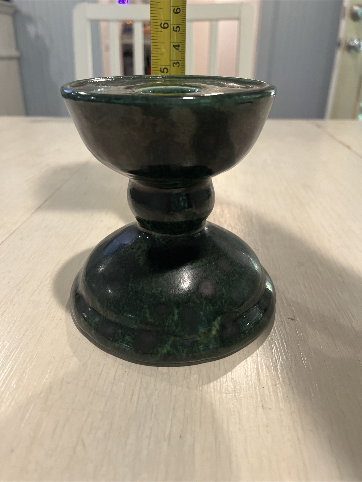 GAIL PITTMAN Pottery Candlestick Holder Green & Gray Signed Vintage ‘92